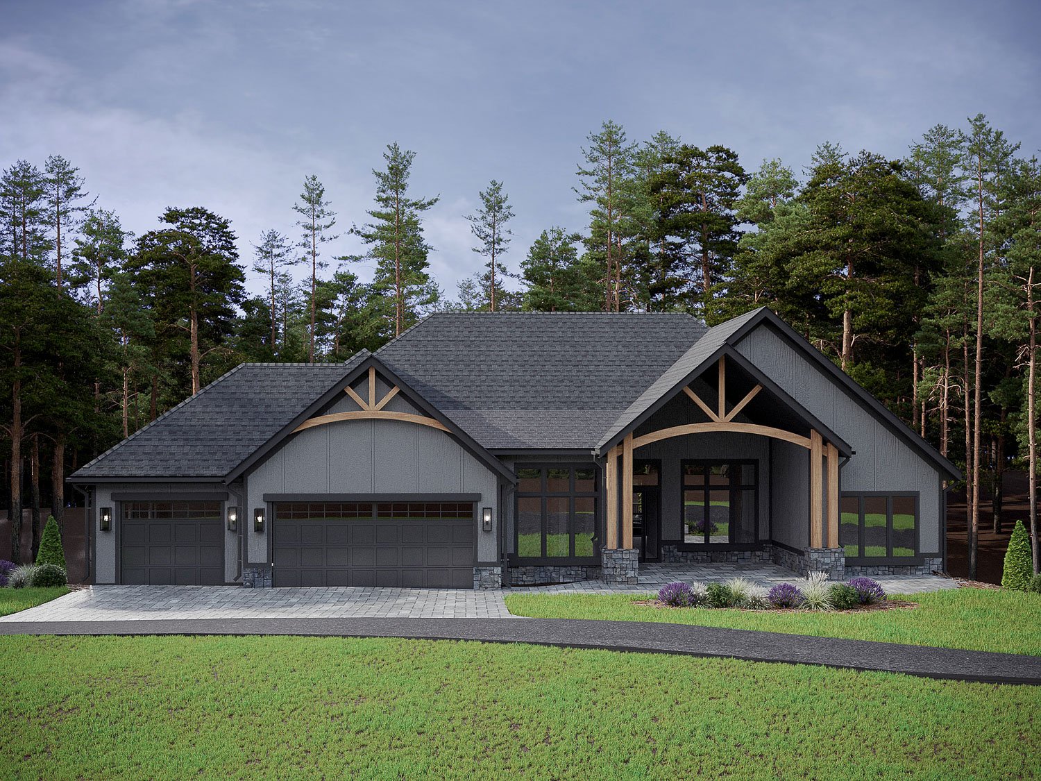 A modern, two-story house nestled in a lush, forested setting. The home features a gabled roof, dark gray siding, and wooden accents that create a rustic, yet sophisticated aesthetic. The front porch and garage doors add visual interest, while the surrounding landscaping of green grass and evergreen trees provides a natural, tranquil backdrop.