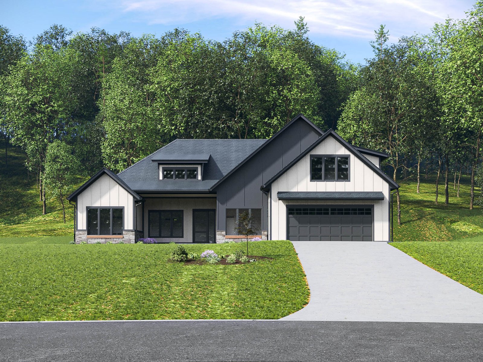 A modern two-story house with a gray exterior, black roof, and large windows overlooking a lush, green lawn surrounded by a dense forest. The house features a garage and a well-landscaped front yard, creating a picturesque and tranquil countryside setting.