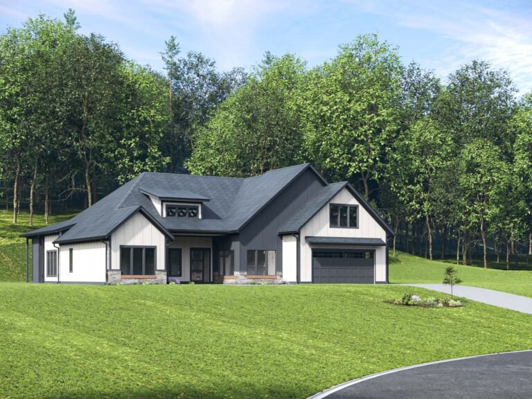 A modern farmhouse-style home nestled in a lush, wooded landscape. The house features a dark gray roof, white siding, and large windows that allow natural light to flood the interior. The home is surrounded by a well-manicured lawn and mature trees, creating a serene and picturesque setting.