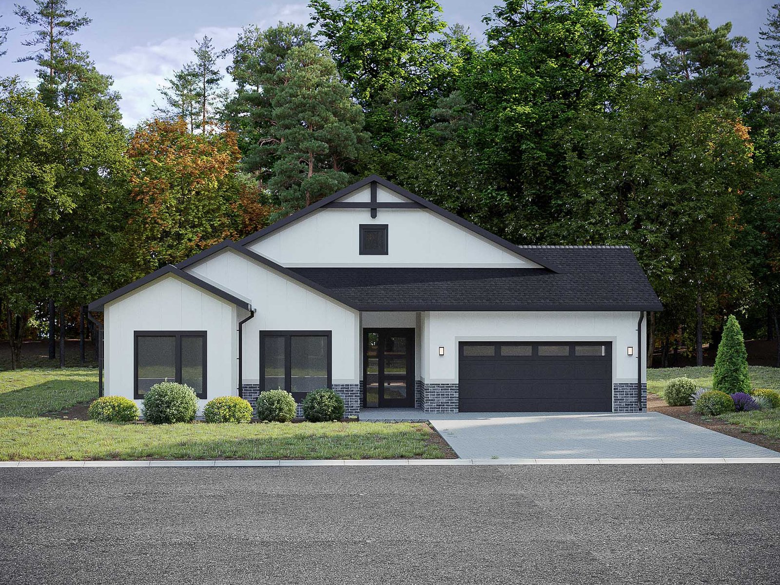 A modern, single-story house with a white exterior and a black roof, surrounded by lush green trees and landscaping. The home features a large garage door, multiple windows, and a covered entryway, creating a welcoming and well-designed appearance.