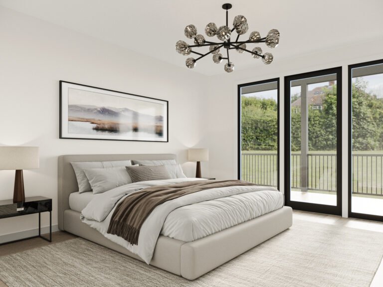 A modern, minimalist bedroom with a large, framed landscape artwork above the bed, a sleek chandelier with glass globes, and floor-to-ceiling windows overlooking a lush, green outdoor scene. The room features a neutral color palette, plush bedding, and a cozy, serene atmosphere.