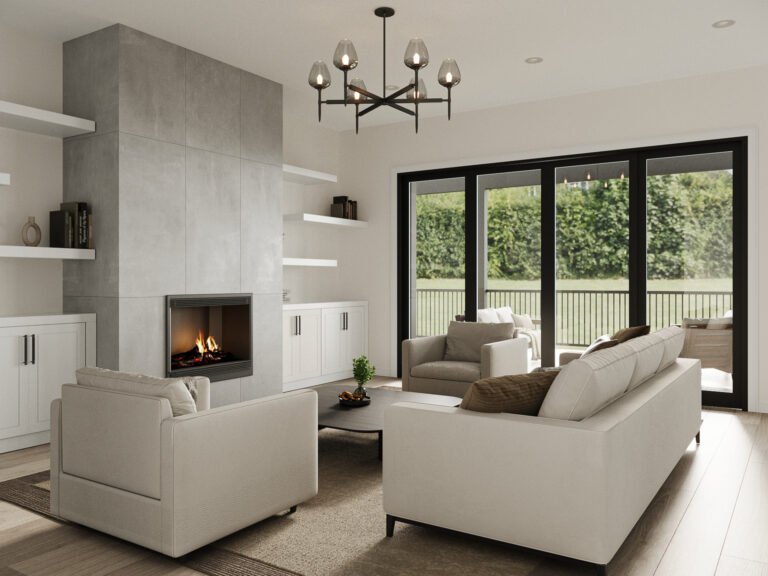 A modern, minimalist living room with a concrete feature wall, a fireplace, and large windows overlooking a lush, green outdoor landscape. The room is furnished with plush, neutral-colored sofas and a sleek, black chandelier, creating a cozy and inviting atmosphere.