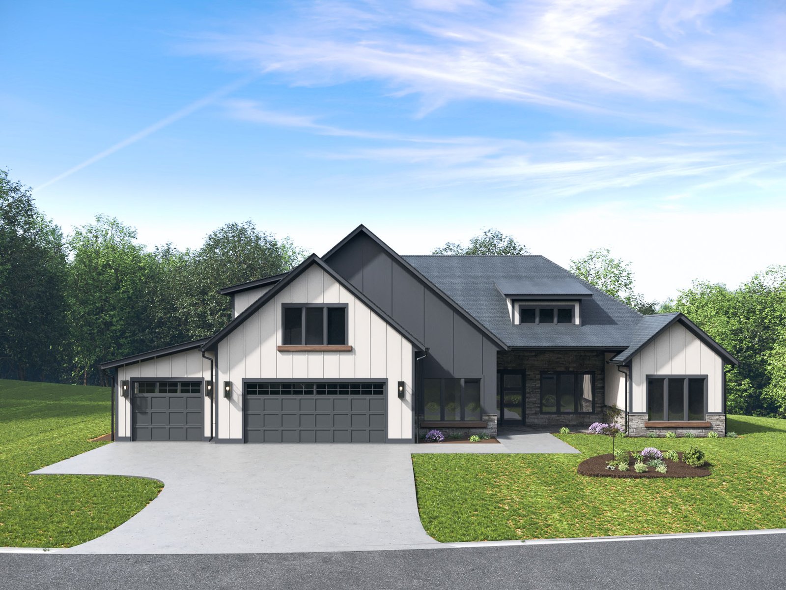 A modern farmhouse-style home with a gray exterior, gabled roof, and large windows. The house is surrounded by lush greenery, including a well-manicured lawn and mature trees. The driveway leads to a detached garage, and the landscaping features decorative plantings around the entryway.