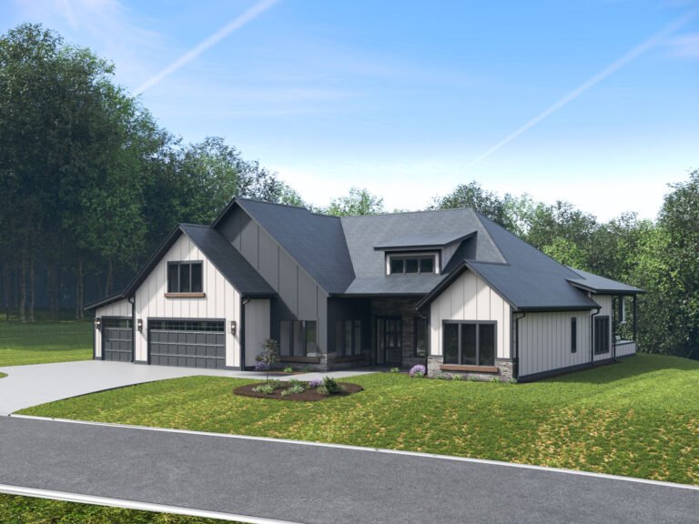 A modern, two-story farmhouse-style home with a gray and white exterior, featuring a large front porch, multiple gables, and a detached garage. The home is surrounded by lush, green trees and a well-manicured lawn, creating a serene, countryside atmosphere.