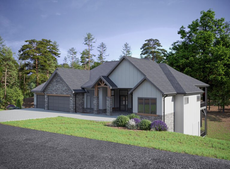 A modern, two-story home with a gray and white exterior, featuring a prominent gable roof, stone accents, and large windows. The house is surrounded by lush, green landscaping, including a grassy lawn and mature trees, creating a serene, natural setting.