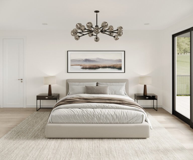 A spacious and modern bedroom with a large, plush bed dressed in neutral bedding. The room features a striking black chandelier overhead, and a framed landscape artwork on the wall. Two dark wood nightstands flank the bed, and a sliding glass door provides access to an outdoor area. The overall design is minimalist and calming, creating a serene and inviting atmosphere.