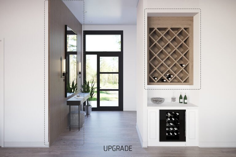 A modern, minimalist entryway with a sleek black-framed glass door leading to a wooded outdoor view. The space features a wooden wine rack, a white cabinet with a wine cooler, and decorative accents like potted plants, creating a stylish and functional transitional area.