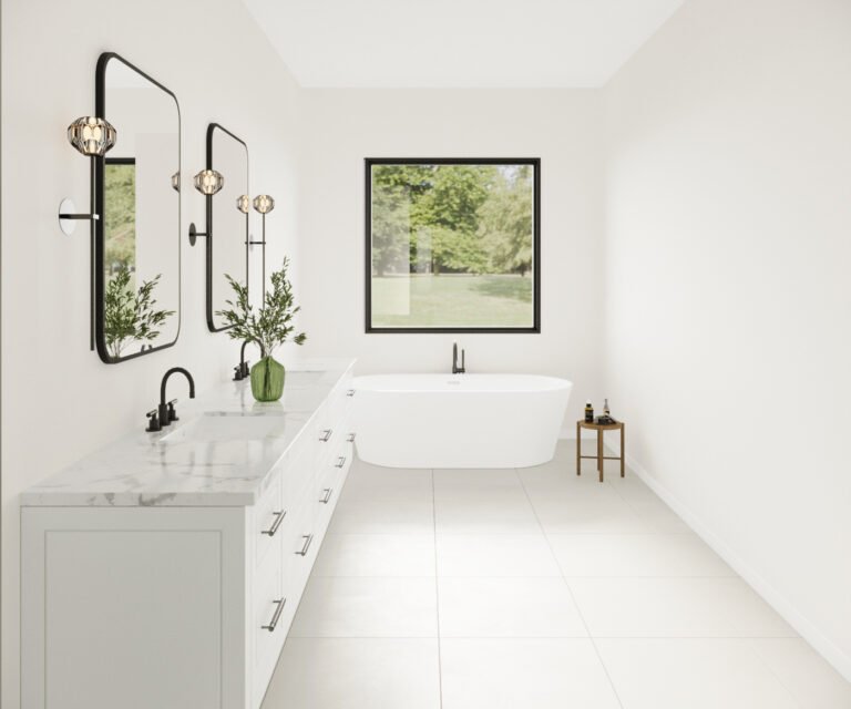 A modern, minimalist bathroom with a large white bathtub, a framed window overlooking a lush green outdoor scene, and sleek black metal fixtures including sconces and a vanity mirror. The space exudes a serene, spa-like atmosphere with natural elements like potted plants adding a touch of greenery.