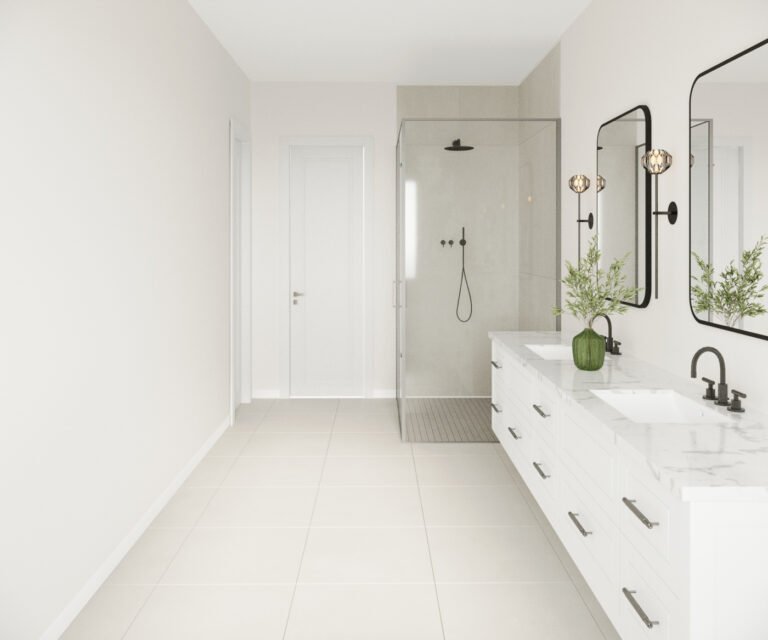 A modern, minimalist bathroom with white walls, a large walk-in shower, a vanity with a marble countertop, and decorative plants adding a touch of nature. The space is well-lit with sleek black wall sconces, creating a serene and spa-like atmosphere.