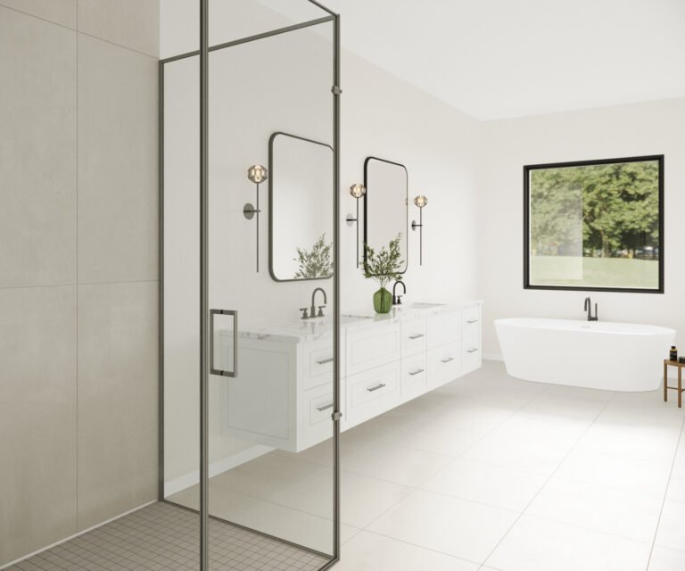 A modern, minimalist bathroom with a glass-enclosed shower, a white vanity with drawers, and a large framed mirror. The room features sleek black fixtures, including wall sconces and a framed mirror, creating a cohesive and stylish aesthetic. The bathroom's clean, neutral palette and natural elements, such as the potted plant, contribute to a serene and spa-like atmosphere.