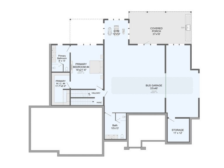 A detailed floor plan of a home, showcasing the various rooms and spaces, including a gym, covered porch, bus garage, storage area, and multiple bedrooms and bathrooms. The plan provides precise measurements and layout of the different sections, enabling a clear visualization of the property's design and functionality.