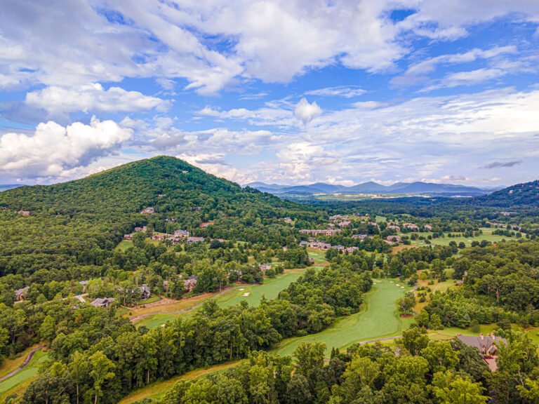 A breathtaking aerial view of a lush, rolling landscape. The image showcases a vast expanse of verdant forests, dotted with homes and buildings nestled amidst the verdant hills. The scene is framed by a stunning blue sky with wispy white clouds, creating a serene and picturesque setting.