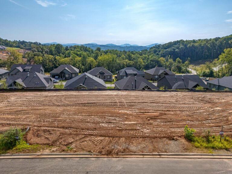 A panoramic view of a residential development nestled among lush, rolling hills and forests. In the foreground, a freshly graded dirt road leads to a row of modern, black-roofed houses with a backdrop of verdant trees and distant mountains, creating a picturesque and tranquil scene.