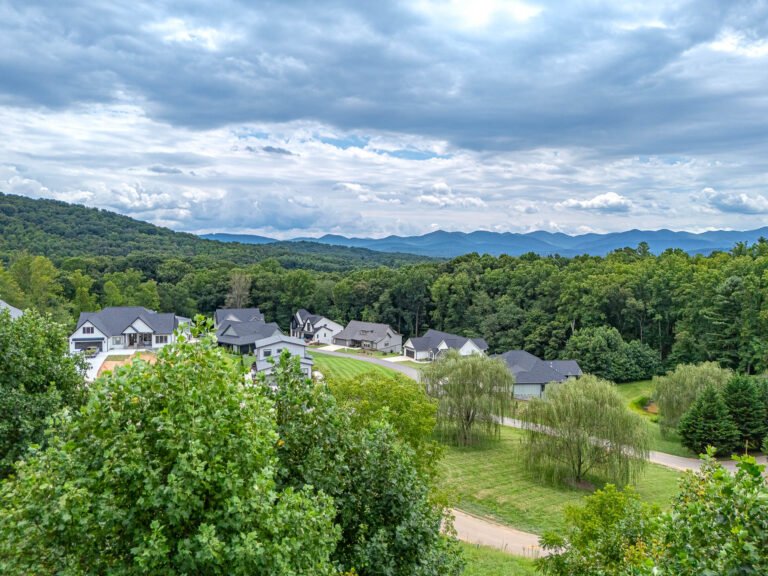 A lush, verdant landscape with a residential neighborhood nestled among rolling hills and dense forests. The image depicts a picturesque community surrounded by a serene natural setting, with a winding path leading through the well-manicured lawns and mature trees. In the distance, the silhouettes of distant mountains can be seen against a cloudy, moody sky, creating a tranquil and picturesque scene.