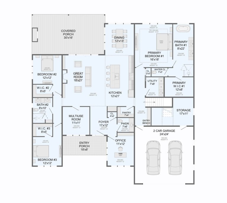 Detailed floor plan of a modern single-story home, showcasing the layout and dimensions of the various rooms and spaces, including a covered porch, great room, kitchen, dining area, primary bedroom, bathrooms, utility room, and a two-car garage.