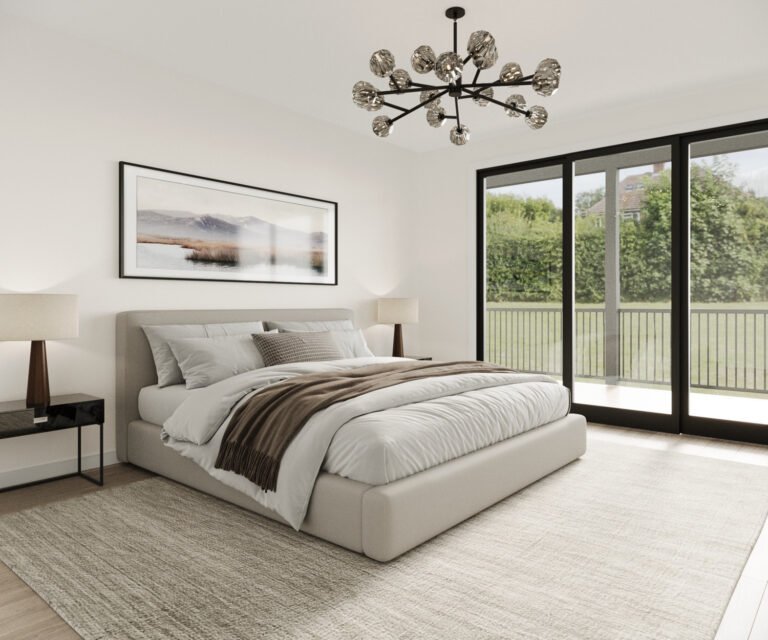 A modern and serene bedroom with a large bed, neutral-toned bedding, and a striking crystal chandelier overhead. The room features floor-to-ceiling windows that provide a panoramic view of the lush, green outdoor landscape, creating a peaceful and tranquil atmosphere. A framed landscape artwork adds to the calming ambiance of the space.