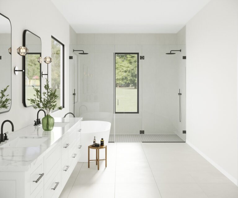 A modern, minimalist bathroom with white walls, a large glass shower enclosure, and a freestanding bathtub. The space features sleek black fixtures, including vanity mirrors and lighting, as well as a potted plant adding a touch of greenery. The large window provides natural light and a view of the outdoors, creating a serene and spa-like atmosphere.