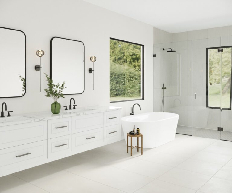 A modern, minimalist bathroom with a large window overlooking lush greenery. The room features a freestanding bathtub, a double vanity with sleek black fixtures, and wall-mounted mirrors with black frames. The clean, white palette is accented by a small potted plant, creating a serene and spa-like atmosphere.