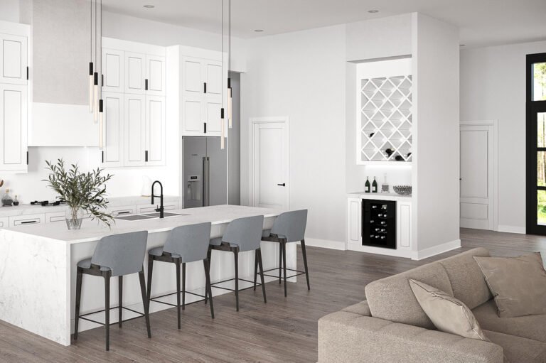 A modern, open-concept kitchen and living space with sleek, white cabinetry, a large central island, and a wine cooler. The room features a minimalist, monochromatic design with gray barstools and a beige sofa, complemented by natural light streaming in through the windows.