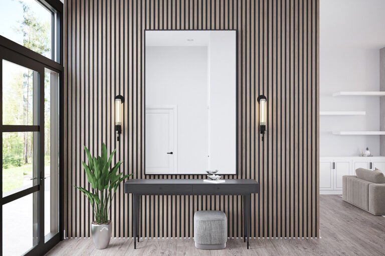 A modern and minimalist entryway with a sleek black and white striped accent wall, featuring a large mirror, two black wall sconces, a wooden console table, and a potted plant. The space is filled with natural light from the large window, creating a bright and airy atmosphere.