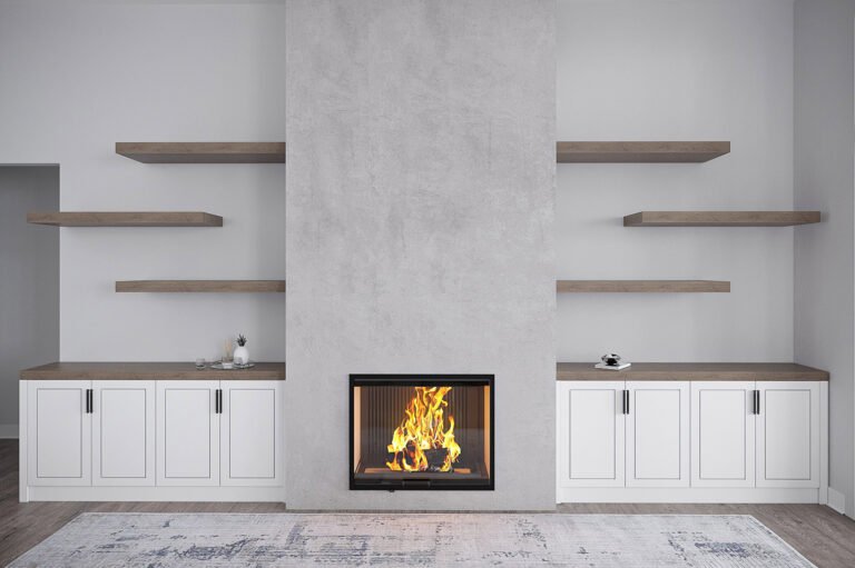 A modern, minimalist living room with a central fireplace surrounded by built-in shelving and cabinets. The room features a neutral color palette, with light gray walls and wood accents, creating a cozy and inviting atmosphere. The fireplace is the focal point, with a crackling fire visible through the glass panel.