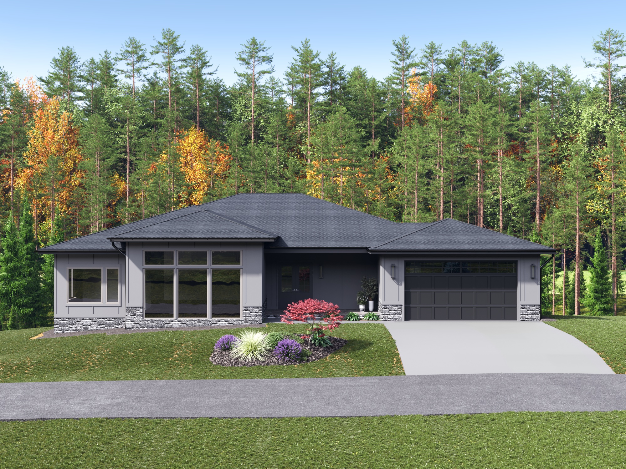 A modern, single-story home with a dark gray exterior and a large, sloped roof. The home is surrounded by a lush, forested landscape with vibrant fall foliage. A well-manicured lawn and a colorful flower garden adorn the front of the property, creating a welcoming and picturesque scene.